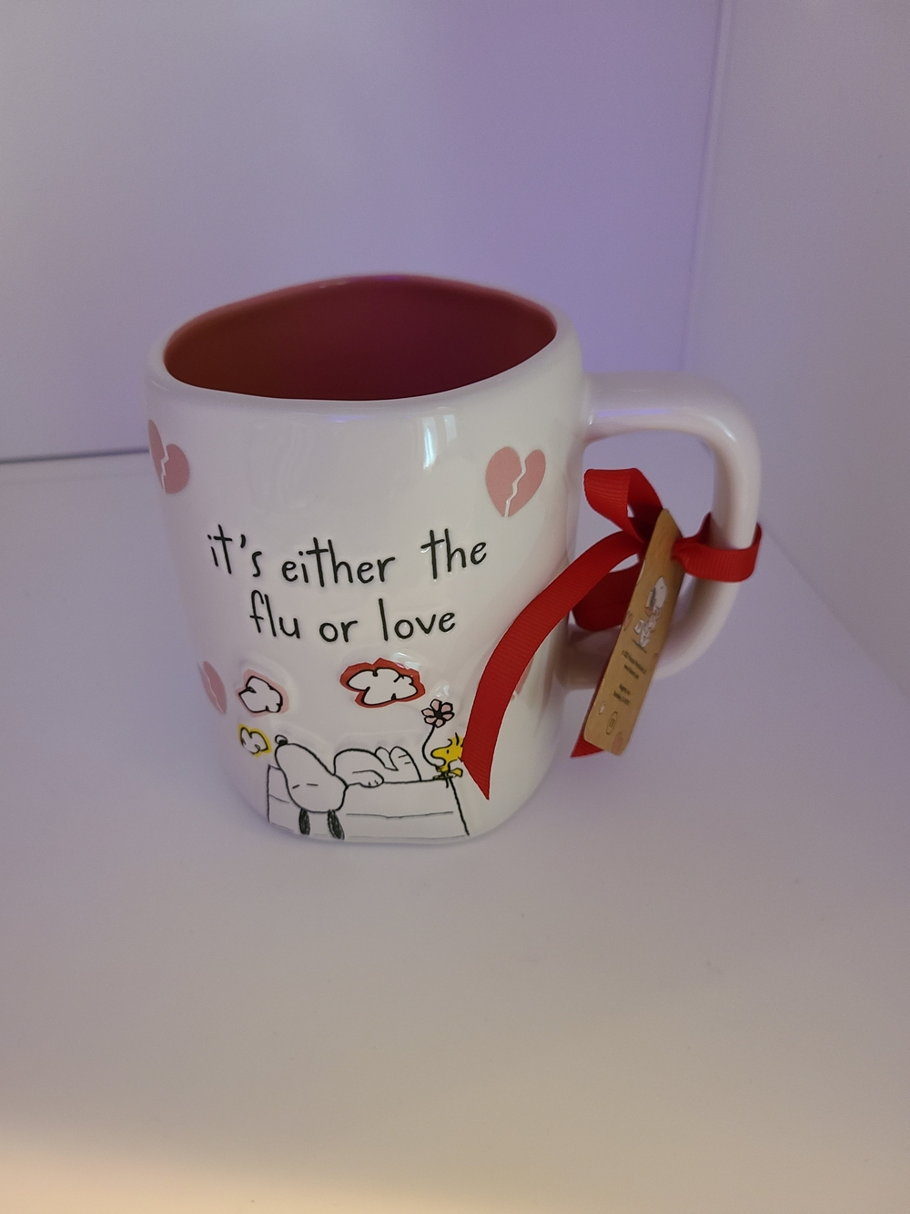 Peanuts Snoopy White Pink Red Accent Mug 'It's Either The Flu Or Love'